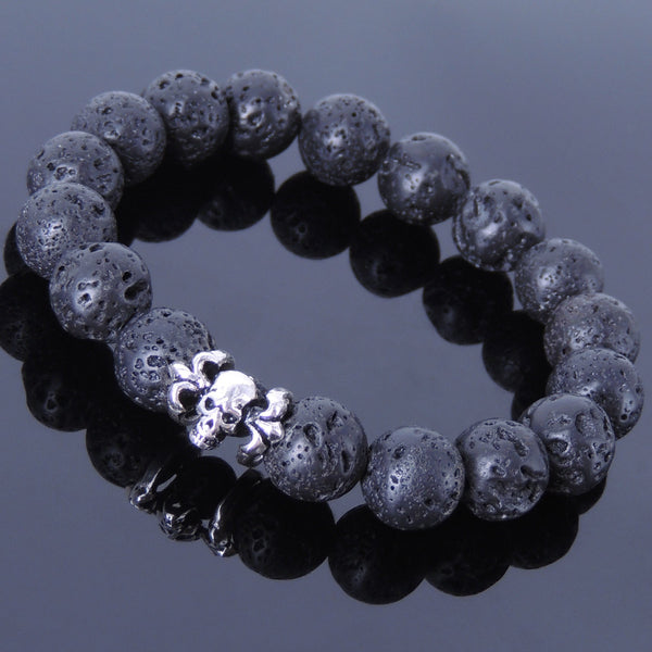 Handmade Men/Women Elastic Bracelet Lava Rock 925 Sterling Silver Skull DiyNotion BR376