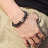 Handmade Men/Women Elastic Bracelet Lava Rock 925 Sterling Silver Skull DiyNotion BR376