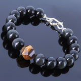 Mens Women Black Obsidian Tiger Eye Bracelet Sterling Silver Clasp Gemstone DiyNotion Handmade BR122