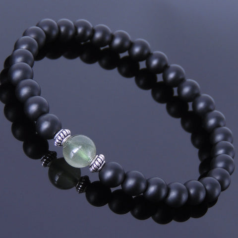 Men Women Gemstone Bracelet Matte Black Onyx Green Rutilated Quartz 925 Sterling Silver Spacer DiyNotion BR385