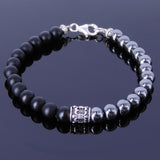 Handmade Men Women Gemstone Bracelet Matte Black Onyx Hematite 925 Sterling Silver Fleur de Lis DiyNotion BR141