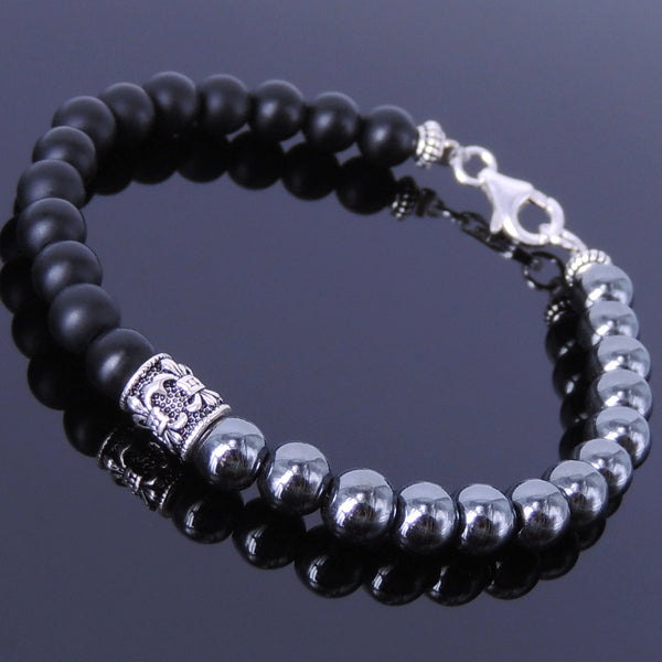 Handmade Men Women Gemstone Bracelet Matte Black Onyx Hematite 925 Sterling Silver Fleur de Lis DiyNotion BR141