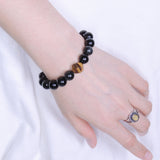 Mens Women Black Obsidian Tiger Eye Bracelet Sterling Silver Clasp Gemstone DiyNotion Handmade BR122