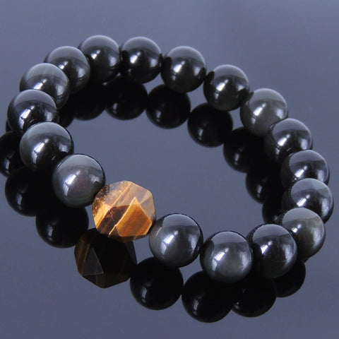 Handmade Men Women Gemstone Elastic Bracelet Black Obsidian Tiger Eye DiyNotion BR122E