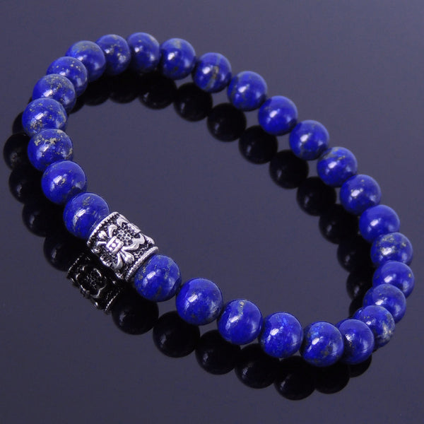 Handmade Men/Women Gemstone Bracelet Lapis 925 Sterling Silver Fleur de Lis Bead DiyNotion BR257E