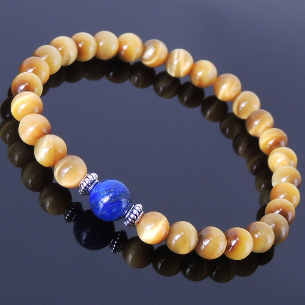 Men Women Gemstone Bracelet Golden Tiger Eye Lapis 925 Sterling Silver Spacer DiyNotion BR387