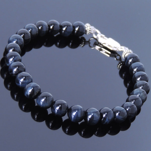 Handmade Men Women Gemstone Bracelet Blue Tiger Eye 925 Sterling Silver Clasp DiyNotion BR390
