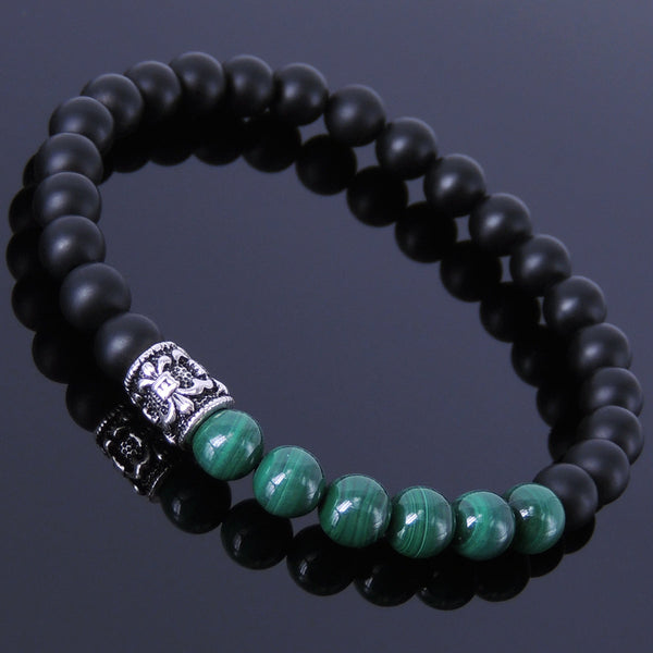Men/Women Bracelet Matte Black Onyx Malachite 925 Sterling Silver Fleur de Lis Bead DiyNotion BR250E