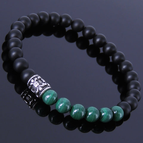 Men/Women Bracelet Matte Black Onyx Malachite 925 Sterling Silver Fleur de Lis Bead DiyNotion BR250E