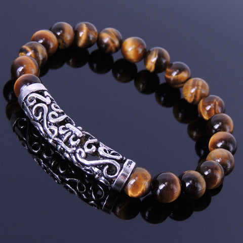 Handmade Men Women Gemstone Bracelet Brown Tiger Eye 925 Sterling Silver Lucky Charm DiyNotion BR097