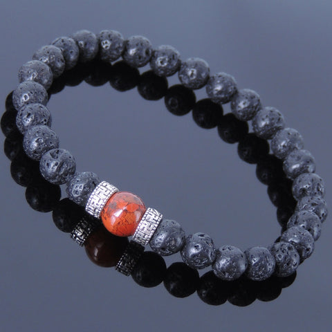 Men Women Gemstone Bracelet Lava Rock Red Jasper Stone 925 Sterling Silver Spacer DiyNotion BR388