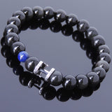 Mens Women Black Obsidian Lapis Sterling Silver Bracelet 925 Cross Charm DiyNotion Handmade BR205