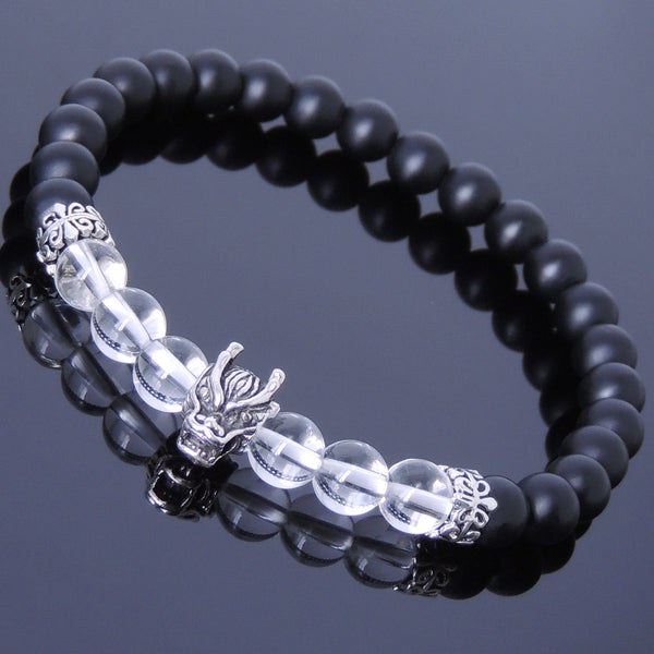 Handmade Men Women Gemstone Bracelet Matte Black Onyx White Crystal 925 Sterling Silver Wolf Spacer DiyNotion BR206