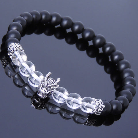 Handmade Men Women Gemstone Bracelet Matte Black Onyx White Crystal 925 Sterling Silver Wolf Spacer DiyNotion BR206