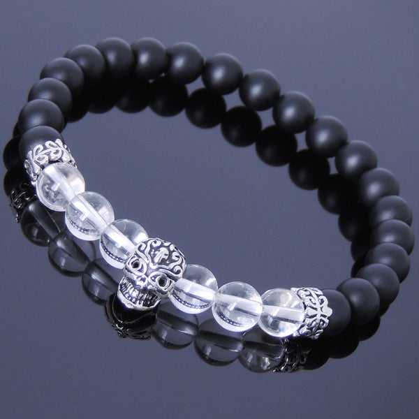 Men Women Gemstone Bracelet Matte Black Onyx White Crystal 925 Sterling Silver Skull Spacer DiyNotion BR207