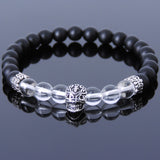 Men Women Gemstone Bracelet Matte Black Onyx White Crystal 925 Sterling Silver Skull Spacer DiyNotion BR207