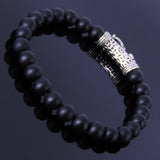 Men/Women Stretchable Bracelet Matte Black Onyx Healing Stone S925 Sterling Silver Lucky Fish Charm DiyNotion BR157