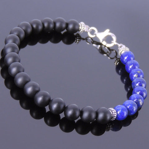 Mens Women Matte Black Onyx Lapis Bracelet Sterling Silver 925 Clasp Gemstone DiyNotion Handmade BR203