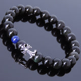 Mens Women Black Obsidian Lapis Sterling Silver Bracelet 925 Cross Charm DiyNotion Handmade BR205