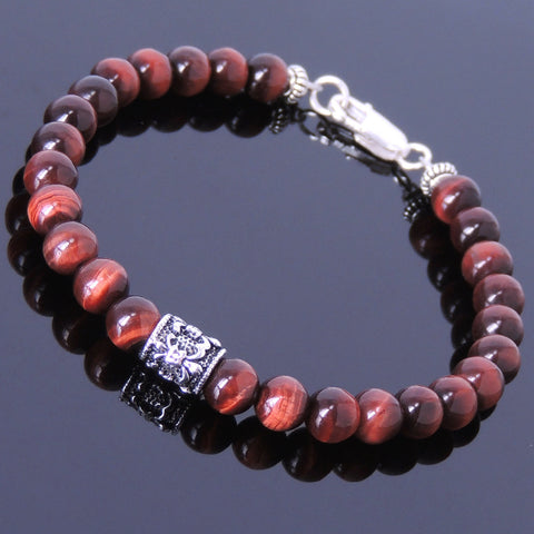 Handmade Men Women Gemstone Bracelet Red Tiger Eye 925 Sterling Silver Fleur de Lis DiyNotion BR391