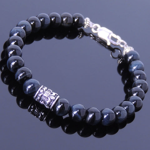 Handmade Men Women Gemstone Bracelet Blue Tiger Eye 925 Sterling Silver Fleur de Lis DiyNotion BR392