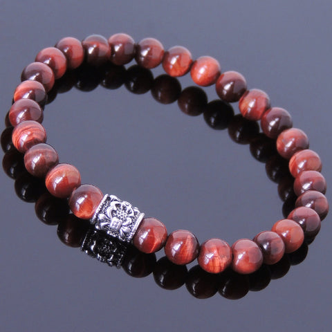 Handmade Men Women Gemstone Bracelet Red Tiger Eye 925 Sterling Silver Fleur de Lis DiyNotion BR391E