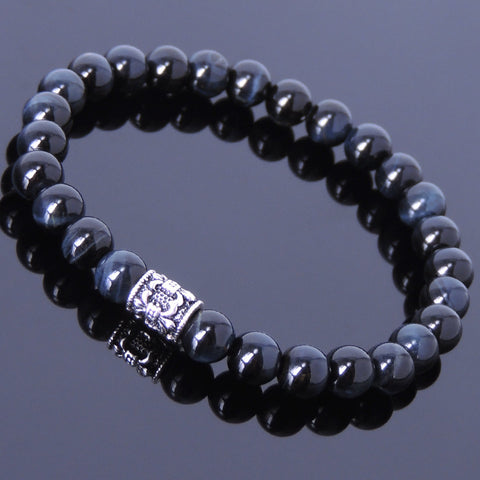 Handmade Men Women Gemstone Bracelet Blue Tiger Eye 925 Sterling Silver Fleur de Lis Bead DiyNotion BR392E