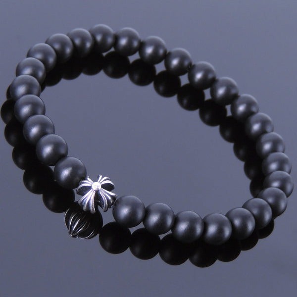 Handmade Men Women Gemstone Bracelet Matte Black Onyx 925 Sterling Silver Cross DiyNotion BR393
