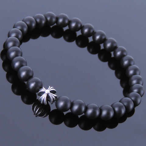 Handmade Men Women Gemstone Bracelet Matte Black Onyx 925 Sterling Silver Cross DiyNotion BR393