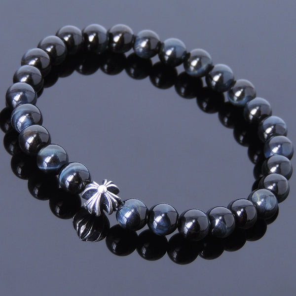 Handmade Men Women Gemstone Bracelet Blue Tiger Eye 925 Sterling Silver Cross DiyNotion BR396