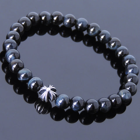 Handmade Men Women Gemstone Bracelet Blue Tiger Eye 925 Sterling Silver Cross DiyNotion BR396