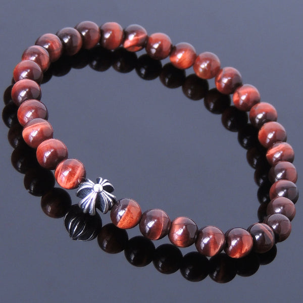 Handmade Men Women Gemstone Bracelet Red Tiger Eye 925 Sterling Silver Cross DiyNotion BR395