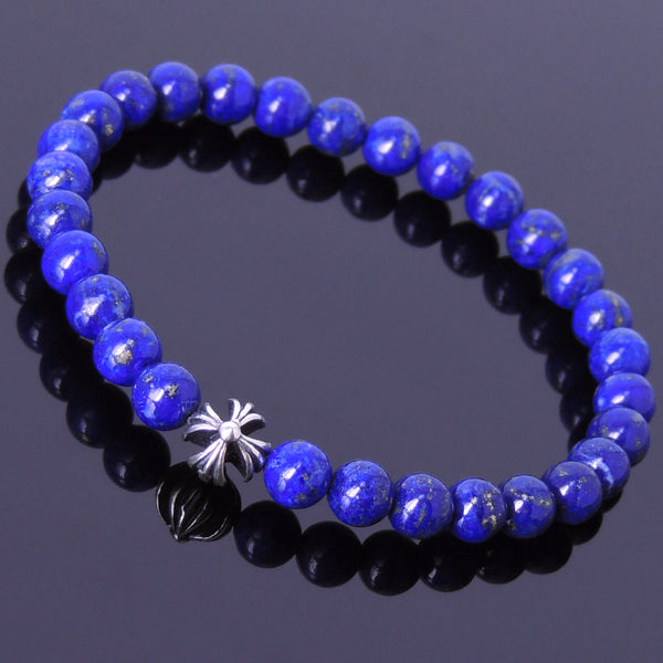 Handmade Men Women Gemstone Bracelet Lapis 925 Sterling Silver Cross DiyNotion BR402