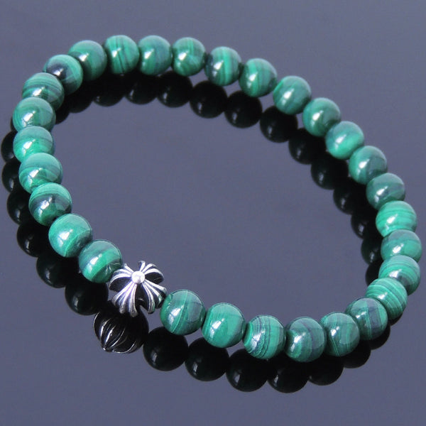 Handmade Men Women Gemstone Bracelet Malachite 925 Sterling Silver Cross DiyNotion BR398