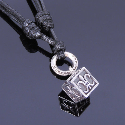 925 Sterling Silver Fleur de Lis Cube Pendant Handmade Adjustable Wax Rope Necklace Men Women DiyNotion NK005