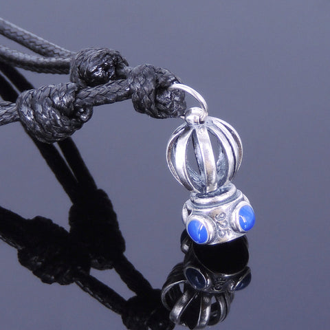 925 Sterling Silver Hand-painted Crown Pendant Handmade Adjustable Wax Rope Necklace Men Women DiyNotion NK006