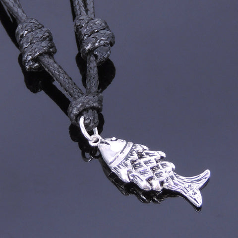 925 Sterling Silver Chinese Lucky Fish Pendant Handmade Adjustable Wax Rope Necklace Men Women DiyNotion NK011