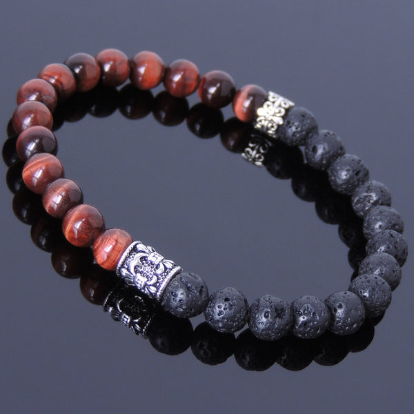Handmade Men Women Gemstone Bracelet Red Tiger Eye Lava Rock 925 Sterling Silver DiyNotion BR403