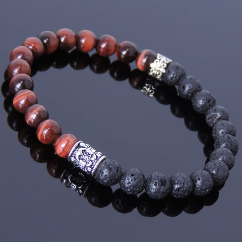 Handmade Men Women Gemstone Bracelet Red Tiger Eye Lava Rock 925 Sterling Silver DiyNotion BR403