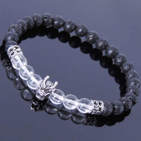 Handmade Men Women Gemstone Bracelet White Crystal Lava Rock 925 Sterling Silver Wolf DiyNotion BR406