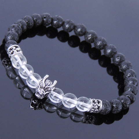 Handmade Men Women Gemstone Bracelet White Crystal Lava Rock 925 Sterling Silver Wolf DiyNotion BR406