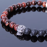 Handmade Men Women Gemstone Bracelet Red Tiger Eye Lava Rock 925 Sterling Silver Skull DiyNotion BR409