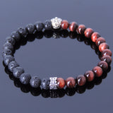 Handmade Men Women Gemstone Bracelet Red Tiger Eye Lava Rock 925 Sterling Silver Skull DiyNotion BR409