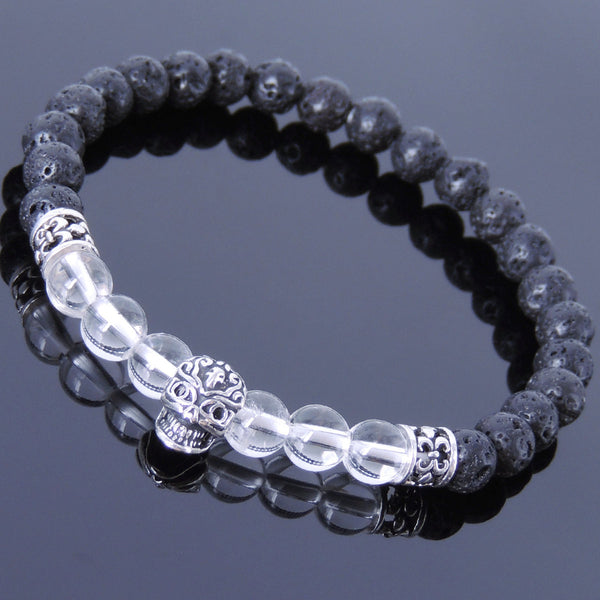 Handmade Men Women Gemstone Bracelet White Crystal Lava Rock 925 Sterling Silver Skull DiyNotion BR407