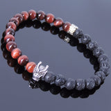 Handmade Men Women Gemstone Bracelet Red Tiger Eye Lava Rock 925 Sterling Silver Wolf DiyNotion BR408