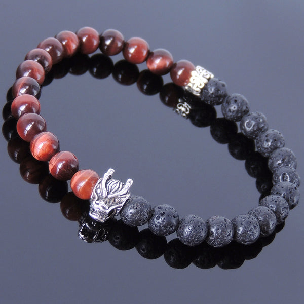 Handmade Men Women Gemstone Bracelet Red Tiger Eye Lava Rock 925 Sterling Silver Wolf DiyNotion BR408