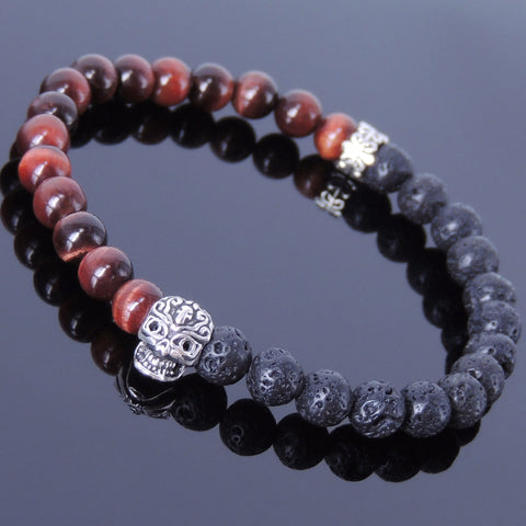 Handmade Men Women Gemstone Bracelet Red Tiger Eye Lava Rock 925 Sterling Silver Skull DiyNotion BR409