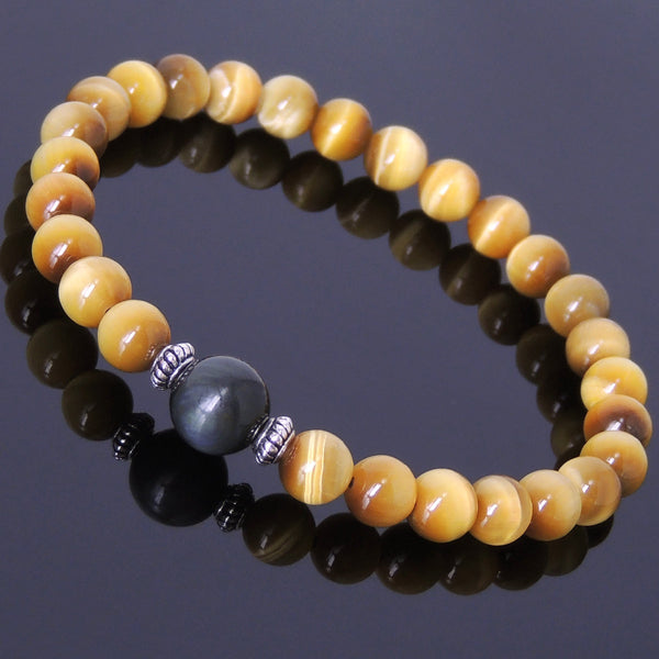Handmade Men Women Gemstone Bracelet Golden Tiger Eye Black Obsidian 925 Sterling Silver Spacer DiyNotion BR413