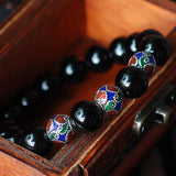 Men's Women Black Onyx Sterling Silver Bracelet 925 Hand-painted Beads Gemstone DiyNotion Handmade BR022