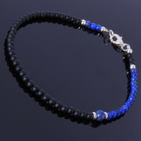 Lapis Matte Black Onyx Anklet Gemstone 925 Sterling Silver Clasp for Men Women DiyNotion Handmade AN009